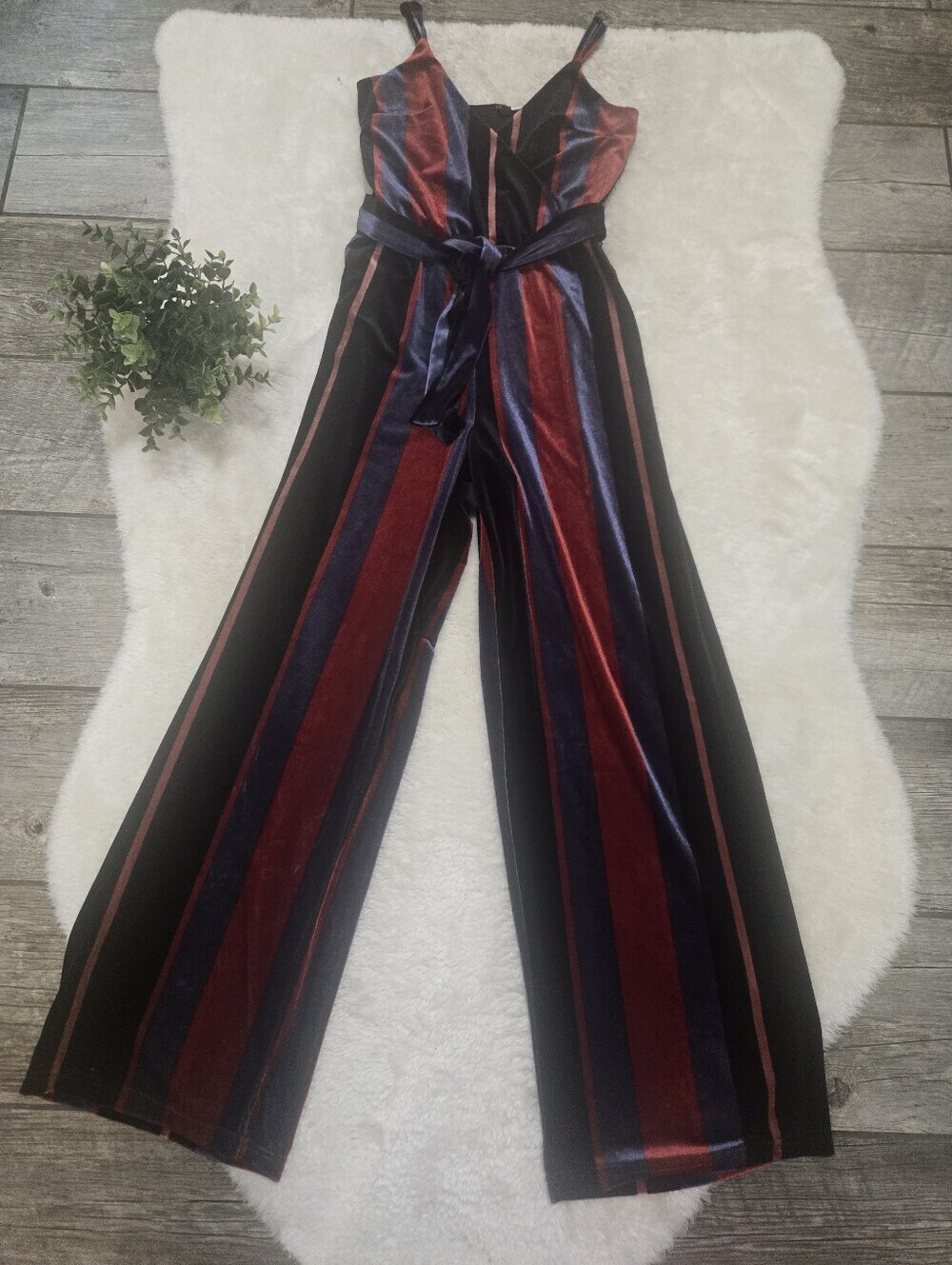 ONLY Jewel-Tone Stripe Velvet Spaghetti Strap Belted Glam Jumpsuit, Size Small
